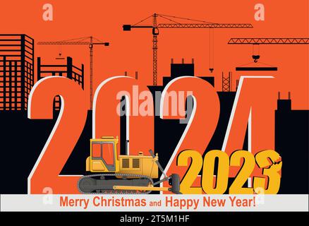 Grußkarte „Happy New Year 2024“. Der ausgehende Bulldozer 2023 klappert vor dem Hintergrund einer Baustelle. Stock Vektor