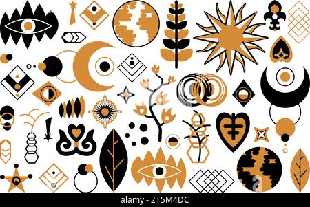 Boho-Stil heilige Symbole großes Set. Mystische Ikonen und Piktogramme für geheimnisvolle Kenntnisse. Magische Kollektion mit schwarzen und goldenen Schildern. Geheime heilige Vektorelemen Stock Vektor