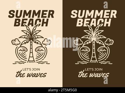Sommerstrand, lasst uns die Wellen tanzen. Vintage-Strichkunst-Illustration von Kokospalmen und Wellen Stock Vektor