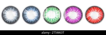 Viele Kontaktlinsen in verschiedenen Farben isoliert auf weiß, Kollektion Stockfoto
