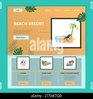 Vorlage für flache Landing-Page-Website des Beach Resorts. Casino, Sportcamp, familienorientiertes Resort. Webbanner mit Kopf-, Inhalt- und Fußzeile. Vektor Stock Vektor