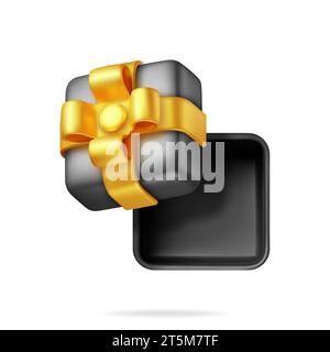 Schwarze 3D-Geschenkbox mit goldener Schleife Stock Vektor