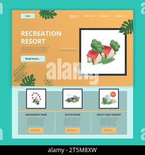 Vorlage für die flache Landing-Page-Website des Erholungsresorts. Vergnügungspark, Ökotourismus, Ferienort nur für Erwachsene. Webbanner mit Kopf-, Inhalt- und Fußzeile Stock Vektor