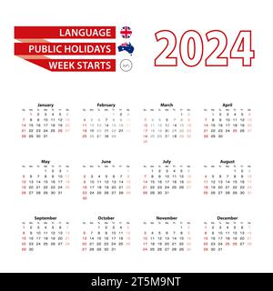 Kalender 2024 in englischer Sprache mit Feiertagen das Land Australien im Jahr 2024. Die Woche beginnt am Sonntag. Vektorabbildung. Stock Vektor