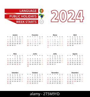 Kalender 2024 in portugiesischer Sprache mit Feiertagen das Land Brasilien im Jahr 2024. Die Woche beginnt am Sonntag. Vektorabbildung. Stock Vektor