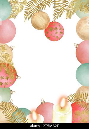 Handgezeichnete Aquarellillustration. Festlicher rechteckiger Rahmen mit grünen, roten und goldenen hellen Glaskugeln, goldenem Farn und Kerzen. Für p Stockfoto