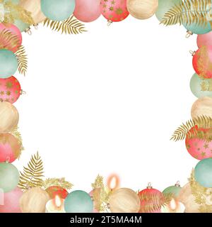 Handgezeichnete Aquarellillustration. Festlicher quadratischer Rahmen mit roten, grünen und goldenen hellen Glaskugeln, goldenem Farn und Kerzen. Für Poster Stockfoto