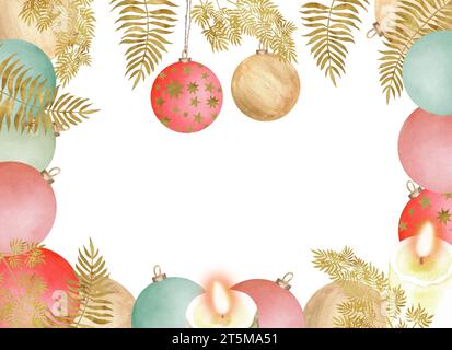 Handgezeichnete Aquarellillustration. Rechteckiger vertikaler festlicher Rahmen mit grünen, roten und goldenen hellen Glaskugeln, goldenem Farn und Kerze Stockfoto