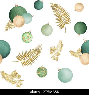 Handgezeichnete Aquarellillustration. Nahtloses Muster mit Weihnachtsbaumkugeln und Farn. Grüne und goldene Farben. Für Pakete, Grußkarten, Cover, Stockfoto