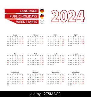 Kalender 2024 in deutscher Sprache mit Feiertagen das Land des Deutschen im Jahr 2024. Die Woche beginnt am Montag. Vektorabbildung. Stock Vektor