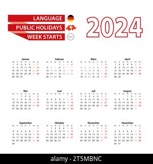 Kalender 2024 in deutscher Sprache mit Feiertagen das Land der Schweiz im Jahr 2024. Die Woche beginnt am Montag. Vektorabbildung. Stock Vektor