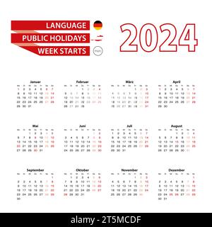 Kalender 2024 in deutscher Sprache mit Feiertagen das Land Österreich im Jahr 2024. Die Woche beginnt am Montag. Vektorabbildung. Stock Vektor