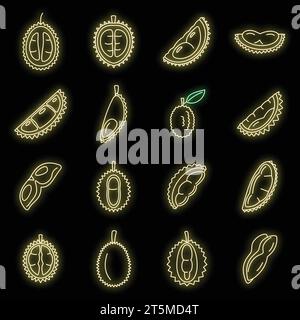 Durianische Fruchtsymbole Set. Umrisssatz von Dura-Frucht-Vektorsymbolen Neonfarbe auf Schwarz Stock Vektor