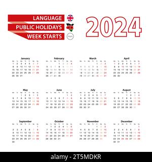 Kalender 2024 in englischer Sprache mit Feiertagen das Land Kenia im Jahr 2024. Die Woche beginnt am Montag. Vektorabbildung. Stock Vektor