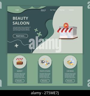 Flache Landing-Page-Website-Vorlage für Beauty Saloon. Markt, Fotostudio, Autowaschanlage. Webbanner mit Kopf-, Inhalt- und Fußzeile. Vektorabbildung. Stock Vektor