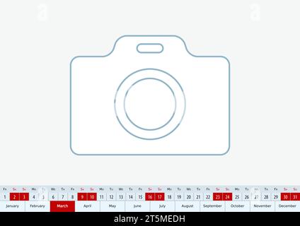 März 2024 für Tischkalender, einzeiliger Vektor-Vorlagenkalender in Englisch. Stock Vektor