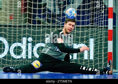 Sotra 20231105.Dänemarks Torhüter Niklas Landin Jacobsen beim Handballspiel im Goldenen Liga Gjensidige Cup zwischen den Niederlanden und Dänemark in der Sotra Arena. Foto: Stian Lysberg Solum / NTB Stockfoto