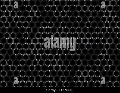 Abstraktes Bild mit sechseckigem schwarzem Hintergrund. Doppelter abstrakter Zellenrand mit Farbformen und Pinselhohlformen mit Farbflecken und leerem Fragment Stockfoto