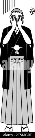 Neujahrstag und Hochzeiten, Senior Mann trägt Hakama mit Wappen, das sein Gesicht in Depressionen bedeckt, Vektor-Illustration Stock Vektor