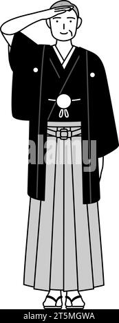 Neujahrstag und Hochzeiten, Senior Mann trägt Hakama mit Wappen, die einen Gruß machen, Vektor-Illustration Stock Vektor