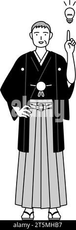 Neujahrstag und Hochzeiten, Senior Mann trägt Hakama mit Wappen, der eine Idee einfällt, Vektor-Illustration Stock Vektor