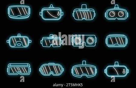 Videospielbrillen Symbole gesetzt. Umrisssatz von Videospiel-Brillen Vektorsymbole Neonfarbe auf Schwarz Stock Vektor