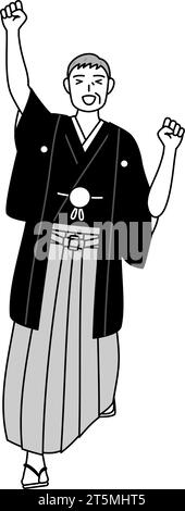 Neujahrstag und Hochzeiten, Senior Mann trägt Hakama mit Wappen lächelnd und springend, Vektor-Illustration Stock Vektor