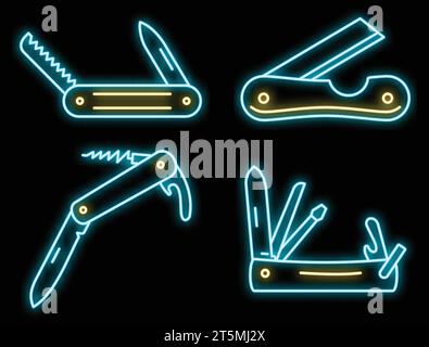 Multifunktions-Penmessersymbole eingestellt. Kontursatz von Multifunktions-Bleimesser-Vektorsymbolen Neonfarbe auf Schwarz Stock Vektor