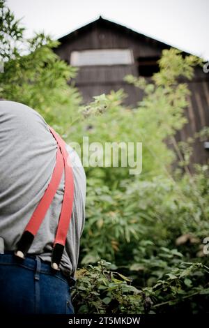 Ein junger Mann mit roten Hosenträgern auf einer Farm. Stockfoto