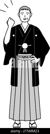 Neujahrstag und Hochzeiten, Senior Mann trägt Hakama mit Wappen posiert mit Eingeweiden, Vektor-Illustration Stock Vektor