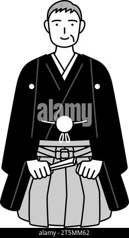 Neujahrstag und Hochzeiten, Senior Mann trägt Hakama mit Wappen Grüße in Seiza, Vektor-Illustration Stock Vektor