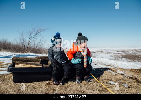 Seitenansicht von zwei kleinen Jungs, die auf einem Schlitten voller Feuerholz sitzen Stockfoto