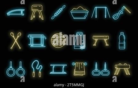 Moderne Turnausrüstung Icons Set. Umrisssatz der modernen Gymnastik Ausrüstung Vektor-Symbole Neonfarbe auf Schwarz Stock Vektor