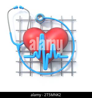 Kardiogrammlinie mit Stethoskop und 3D-Darstellung des roten Herzens isoliert auf weißem Hintergrund Stockfoto