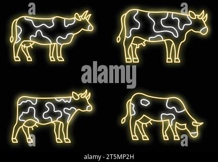Bauernkuh-Symbole gesetzt. Umrisssatz von Vektorsymbolen für landwirtschaftliche Kühe Neonfarbe auf Schwarz Stock Vektor