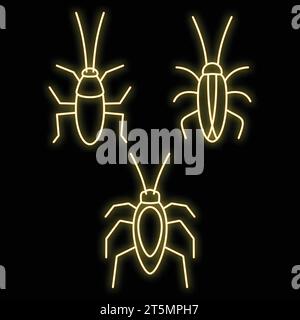 Symbole für Kakerlaken-Bug gesetzt. Umrisssatz von Kakerlaken-Bug-Vektorsymbolen Neonfarbe auf Schwarz Stock Vektor