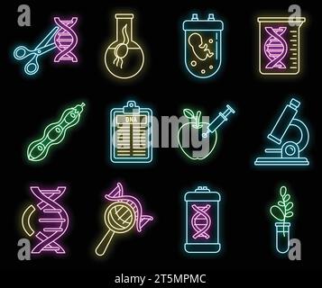 Symbolsatz für DNA-Gentechnik. Kontursatz von dna Gentechnik Vektorsymbolen Neonfarbe auf Schwarz Stock Vektor