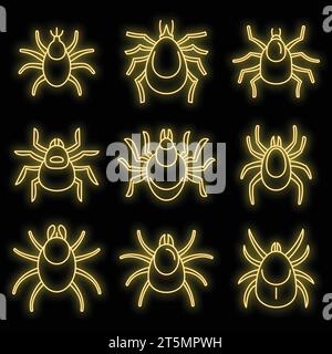 Symbole für Staubmilben eingestellt. Kontursatz von Vektorsymbolen für Staubmilben Neonfarbe auf Schwarz Stock Vektor