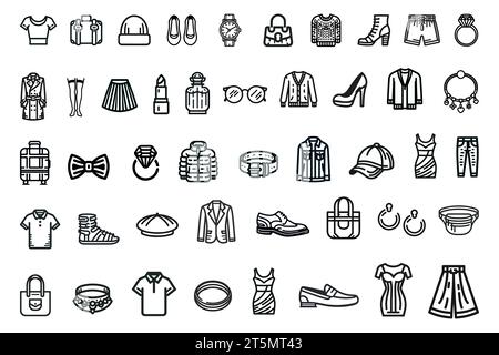Mode-Ikonen gesetzt, dünner Stil isoliert. Vektorabbildung Stock Vektor