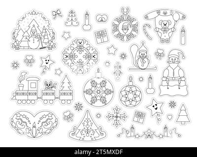 Zeichensatz und Dekor. Weihnachtsmotiv. Zum Ausmalen und Ausschneiden. Satz Nr. 2. Vektorabbildung. Stock Vektor