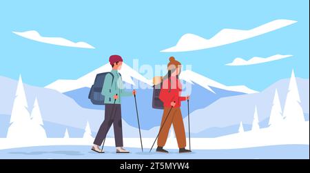 Mann und Mädchen gehen im Winter mit ihrer Ausrüstung in die Berge. Mann und Frau wandern mit Rucksack und Stock im verschneiten Wald. Touristen Abenteuer Stock Vektor