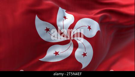 Nahaufnahme der Flagge Hongkongs, die schwingt. Rotes Feld mit einer weißen, stilisierten, fünfblättrigen Orchideenblüte aus Hongkong. 3D-Darstellung. Gewelltes Material. Stockfoto