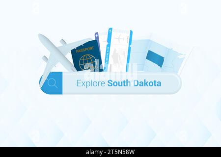 Suche nach Tickets für South Dakota oder Reiseziel in South Dakota. Suchleiste mit Flugzeug, Reisepass, Bordkarte, Tickets und Karte. Vektor Stock Vektor