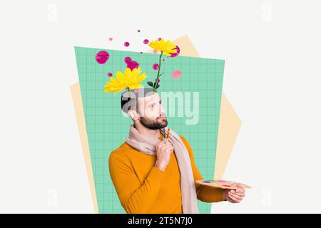 Porträt Collage von gesinnten Nachdenkern Guy Künstler halten Pinsel Palette aussehen inspiriert Stellen Sie sich vor, Blumen auf grünem Hintergrund zu zeichnen Stockfoto