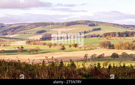 Dundee, Tayside, Schottland, Großbritannien. November 2023. Wetter in Großbritannien: Im ländlichen Dundee erzeugt die herbstliche Sonneneinstrahlung mit niedrigen Wolken auf höherem Boden eine spektakuläre Herbstlandschaft der Sidlaw Hills und Strathmore Valley. Quelle: Dundee Photographics/Alamy Live News Stockfoto