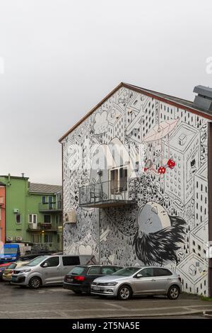 Schlaflosigkeit Wandgemälde Graffiti an der Wand an der Fassade des Gebäudes in Bodo, Norwegen, Skandinavien, Europa im Oktober Stockfoto