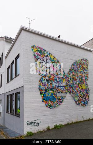 Graffiti-Kunstwerk mit Schmetterlingsgemälde an der Wand mit Vogel an der Fassade des Gebäudes in Bodo, Norwegen, Skandinavien, Europa - erhellt eine weiße Wand Stockfoto