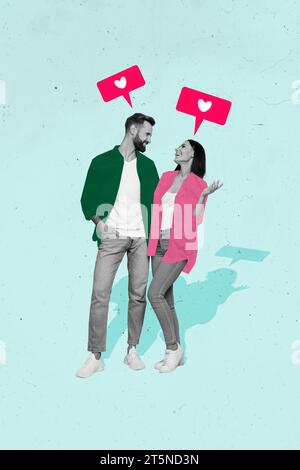 Vertikale Zeichnung Bildcollage von schönen fröhlichen Paaren, die sich umarmen und Momente miteinander genießen Stockfoto