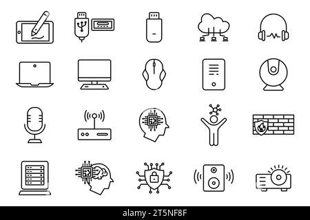 Symbolgruppe Computertechnologie. Laptop, Monitor, Cloud-Computing, Humanoid, Firewall, Access Point, Cyber Security usw. Design mit Liniensymbolen. Einfach Stock Vektor