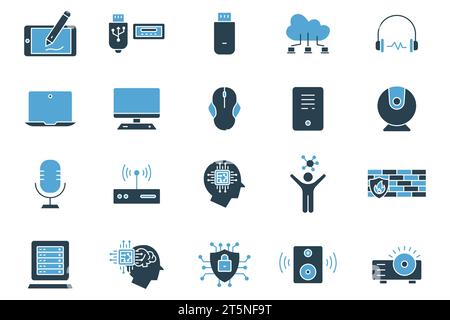 Symbolgruppe Computertechnologie. Laptop, Monitor, Cloud-Computing, Humanoid, Firewall, Access Point, Cybersicherheit usw. solides Design im Symbolstil. Einfach Stock Vektor